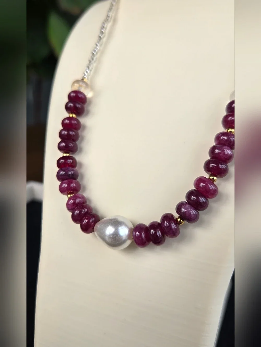 Handcrafted Semiprecious Purple Jade Necklace with Swarovski Pearl Accent